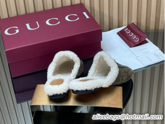 Luxury Gucci Princetown Suede and Wool Flat Slipper with Horsebit Dark Green 1020030
