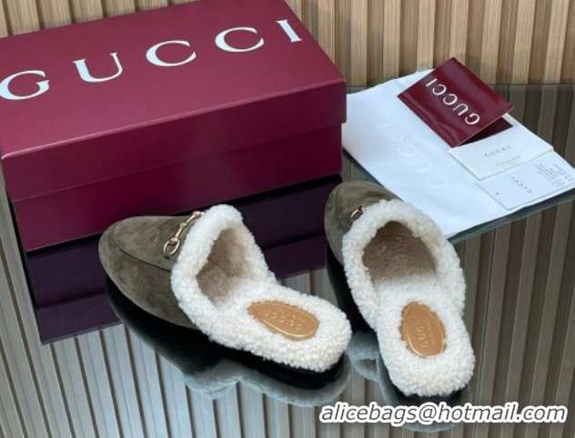 Luxury Gucci Princetown Suede and Wool Flat Slipper with Horsebit Dark Green 1020030