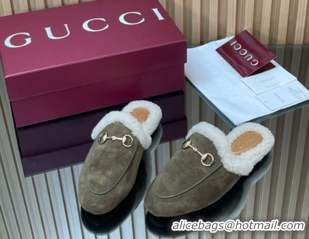 Luxury Gucci Princetown Suede and Wool Flat Slipper with Horsebit Dark Green 1020030