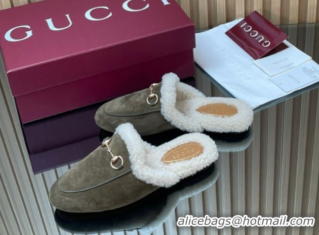 Luxury Gucci Princetown Suede and Wool Flat Slipper with Horsebit Dark Green 1020030