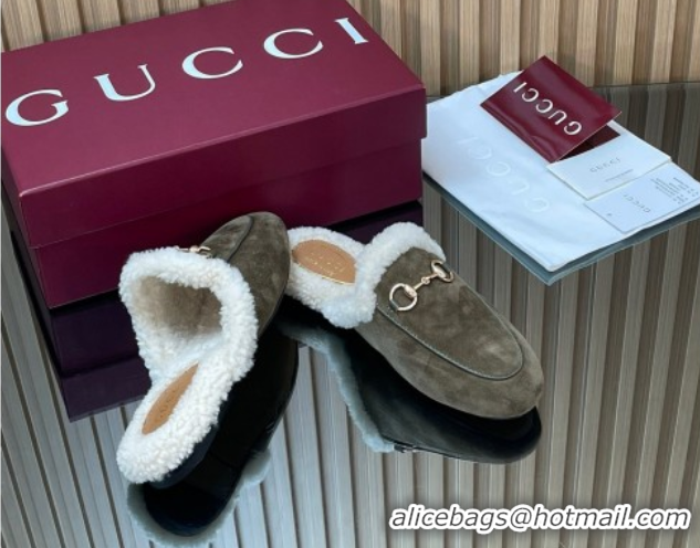 Luxury Gucci Princetown Suede and Wool Flat Slipper with Horsebit Dark Green 1020030