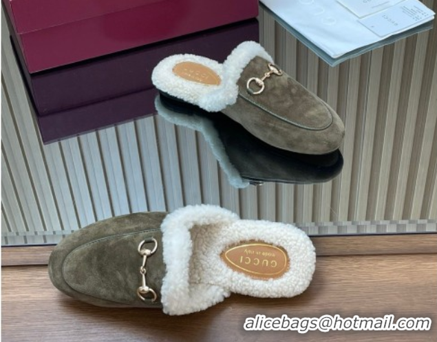 Luxury Gucci Princetown Suede and Wool Flat Slipper with Horsebit Dark Green 1020030