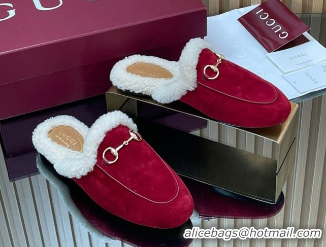 Good Product Gucci Princetown Suede and Wool Flat Slipper with Horsebit Red 1020031