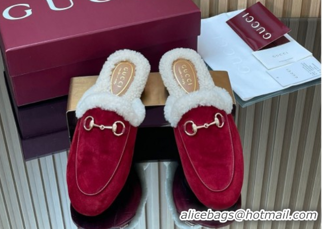 Good Product Gucci Princetown Suede and Wool Flat Slipper with Horsebit Red 1020031
