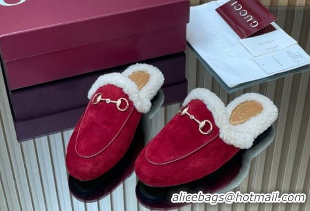Good Product Gucci Princetown Suede and Wool Flat Slipper with Horsebit Red 1020031