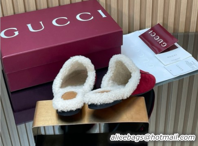 Good Product Gucci Princetown Suede and Wool Flat Slipper with Horsebit Red 1020031