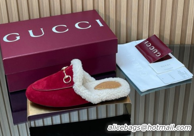 Good Product Gucci Princetown Suede and Wool Flat Slipper with Horsebit Red 1020031
