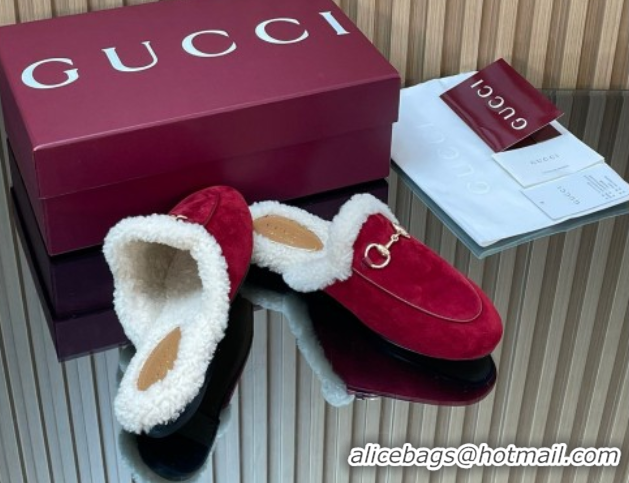 Good Product Gucci Princetown Suede and Wool Flat Slipper with Horsebit Red 1020031