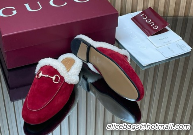 Good Product Gucci Princetown Suede and Wool Flat Slipper with Horsebit Red 1020031