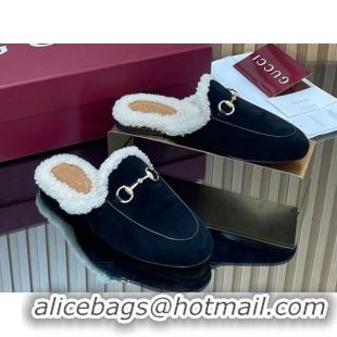 Unique Style Gucci Princetown Suede and Wool Flat Slipper with Horsebit Black 1020032