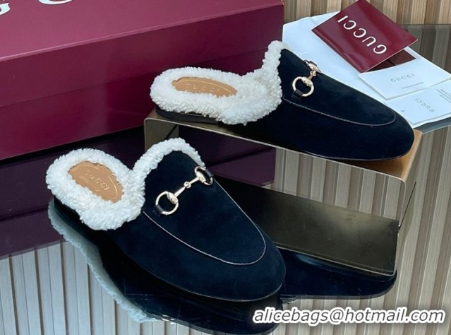 Unique Style Gucci Princetown Suede and Wool Flat Slipper with Horsebit Black 1020032