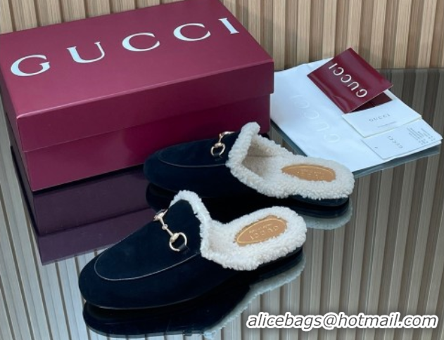 Unique Style Gucci Princetown Suede and Wool Flat Slipper with Horsebit Black 1020032