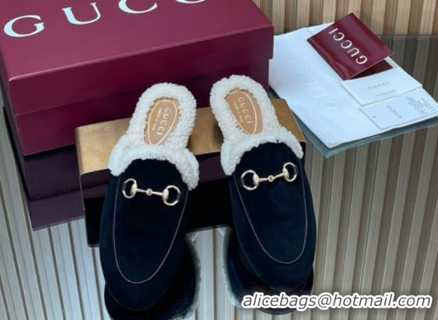 Unique Style Gucci Princetown Suede and Wool Flat Slipper with Horsebit Black 1020032