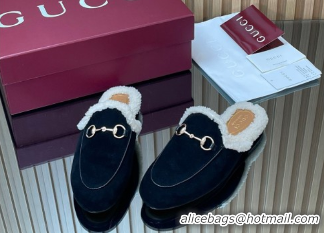 Unique Style Gucci Princetown Suede and Wool Flat Slipper with Horsebit Black 1020032