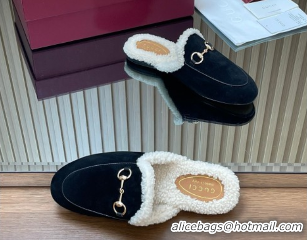 Unique Style Gucci Princetown Suede and Wool Flat Slipper with Horsebit Black 1020032