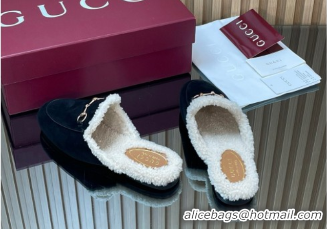 Unique Style Gucci Princetown Suede and Wool Flat Slipper with Horsebit Black 1020032