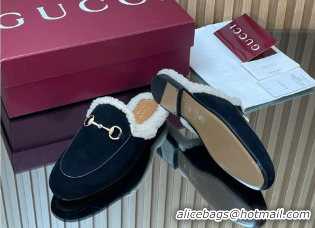 Unique Style Gucci Princetown Suede and Wool Flat Slipper with Horsebit Black 1020032