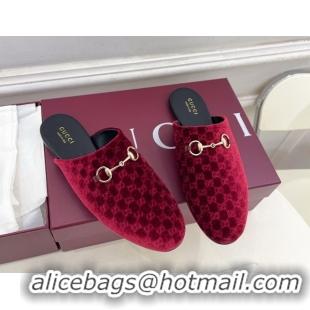 Charming Gucci GG Velvet Flat Mules with Horsebit Red 1020035