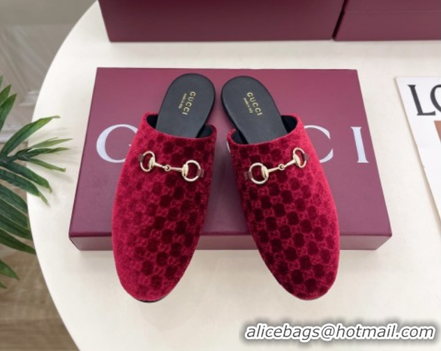Charming Gucci GG Velvet Flat Mules with Horsebit Red 1020035
