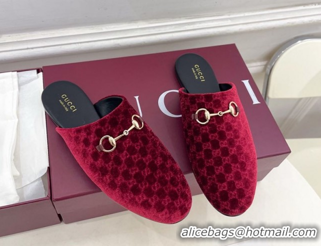 Charming Gucci GG Velvet Flat Mules with Horsebit Red 1020035