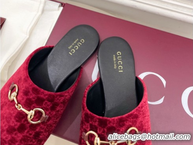 Charming Gucci GG Velvet Flat Mules with Horsebit Red 1020035