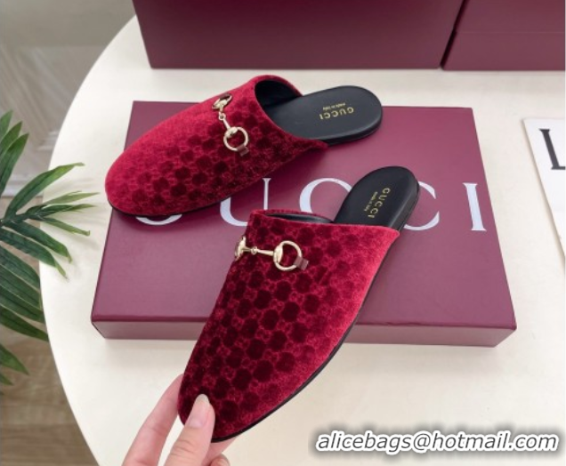 Charming Gucci GG Velvet Flat Mules with Horsebit Red 1020035