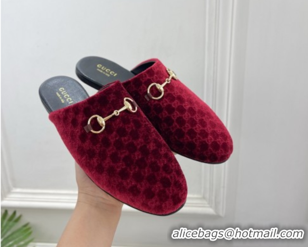 Charming Gucci GG Velvet Flat Mules with Horsebit Red 1020035