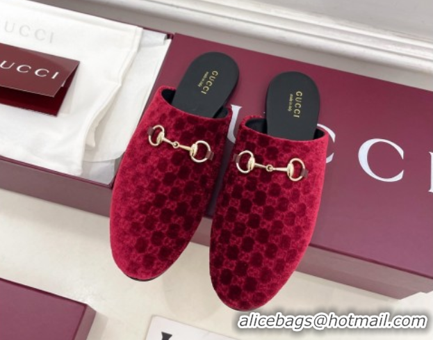 Charming Gucci GG Velvet Flat Mules with Horsebit Red 1020035