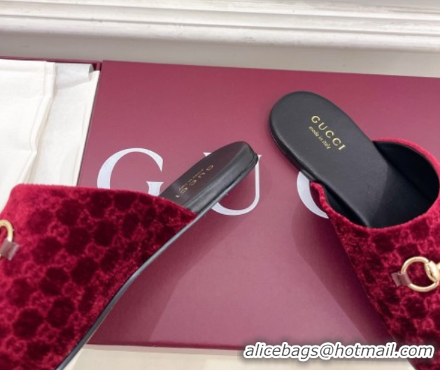 Charming Gucci GG Velvet Flat Mules with Horsebit Red 1020035
