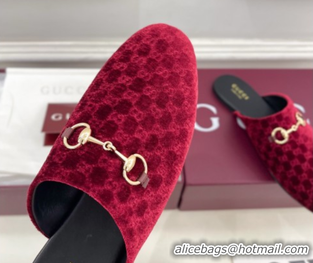 Charming Gucci GG Velvet Flat Mules with Horsebit Red 1020035