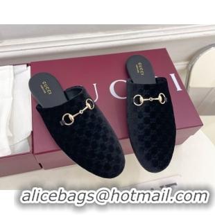 Good Quality Gucci GG Velvet Flat Mules with Horsebit Black 1020036