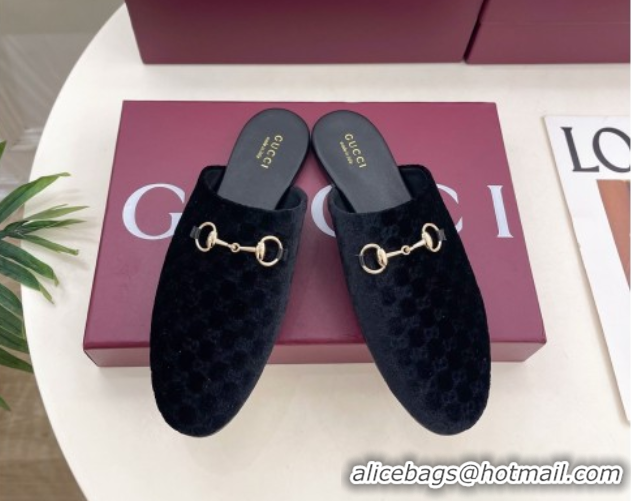 Good Quality Gucci GG Velvet Flat Mules with Horsebit Black 1020036