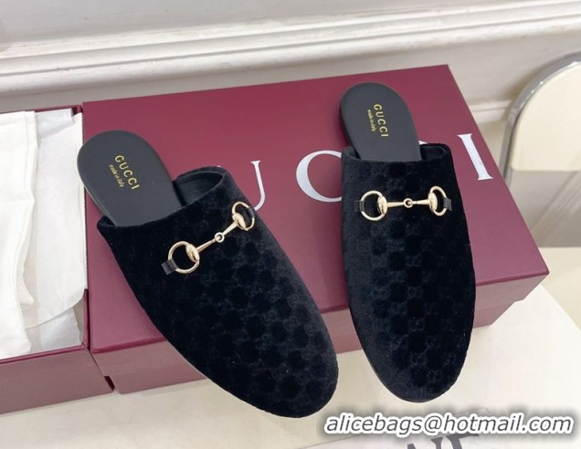 Good Quality Gucci GG Velvet Flat Mules with Horsebit Black 1020036