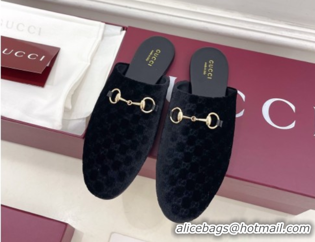 Good Quality Gucci GG Velvet Flat Mules with Horsebit Black 1020036