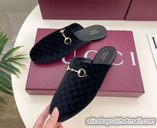Good Quality Gucci GG Velvet Flat Mules with Horsebit Black 1020036