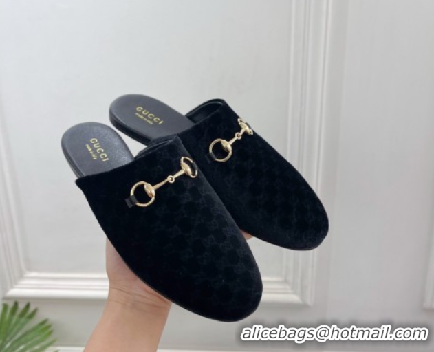 Good Quality Gucci GG Velvet Flat Mules with Horsebit Black 1020036