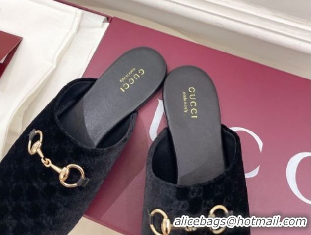 Good Quality Gucci GG Velvet Flat Mules with Horsebit Black 1020036