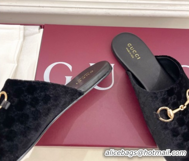 Good Quality Gucci GG Velvet Flat Mules with Horsebit Black 1020036
