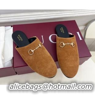 Sumptuous Gucci Suede Flat Mules with Horsebit Brown Yellow 1020034