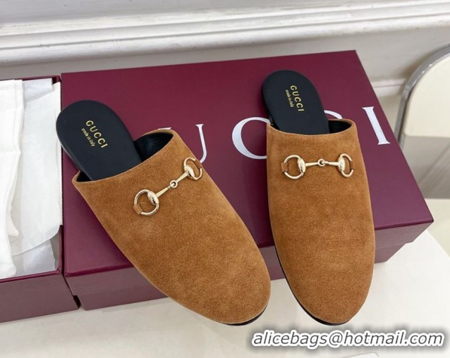 Sumptuous Gucci Suede Flat Mules with Horsebit Brown Yellow 1020034