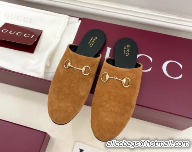 Sumptuous Gucci Suede Flat Mules with Horsebit Brown Yellow 1020034