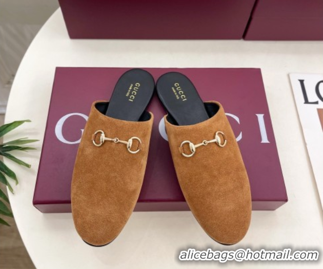 Sumptuous Gucci Suede Flat Mules with Horsebit Brown Yellow 1020034