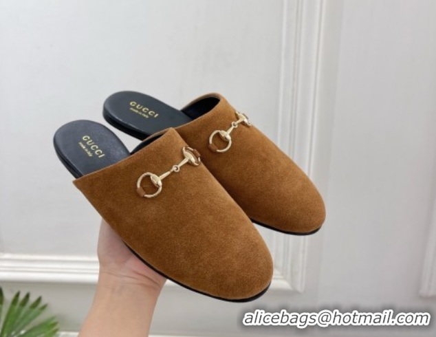 Sumptuous Gucci Suede Flat Mules with Horsebit Brown Yellow 1020034
