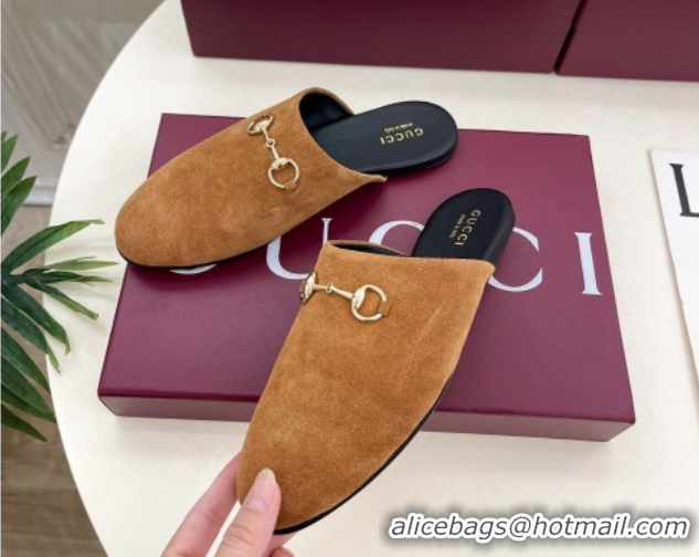 Sumptuous Gucci Suede Flat Mules with Horsebit Brown Yellow 1020034