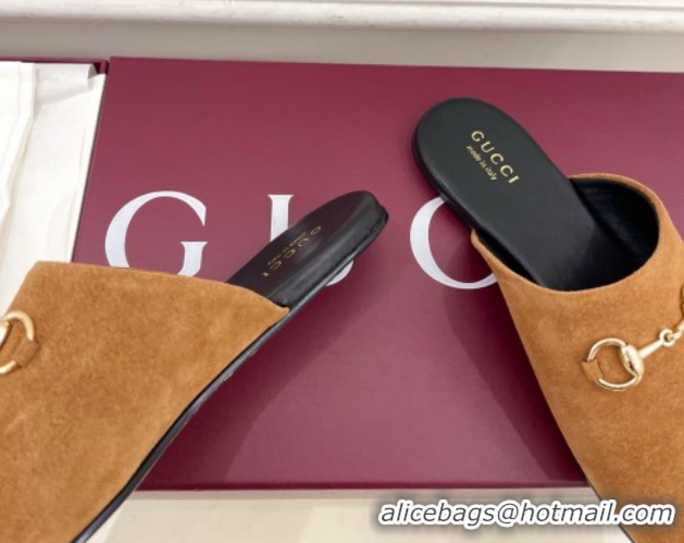 Sumptuous Gucci Suede Flat Mules with Horsebit Brown Yellow 1020034