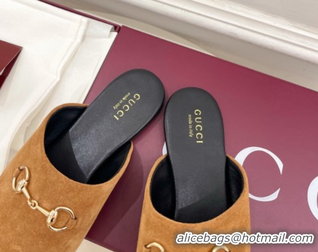 Sumptuous Gucci Suede Flat Mules with Horsebit Brown Yellow 1020034