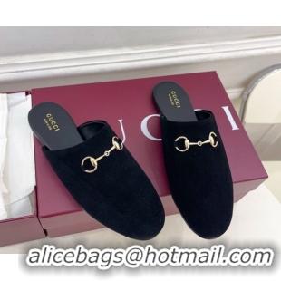 Top Quality Gucci Suede Flat Mules with Horsebit Black 1020039
