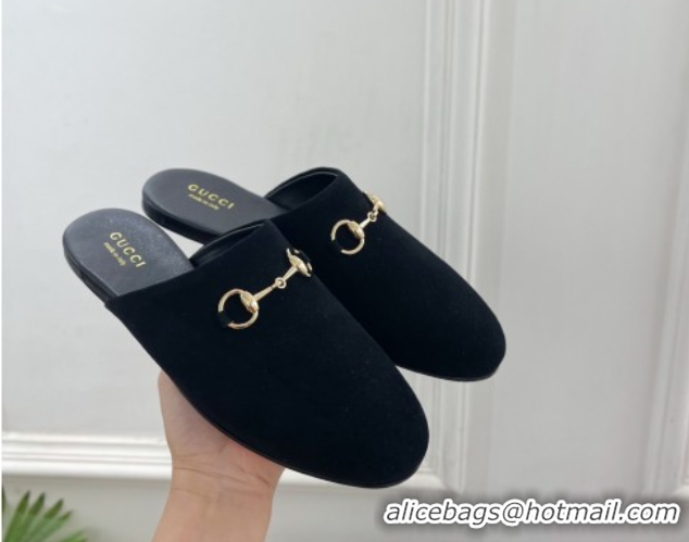 Top Quality Gucci Suede Flat Mules with Horsebit Black 1020039