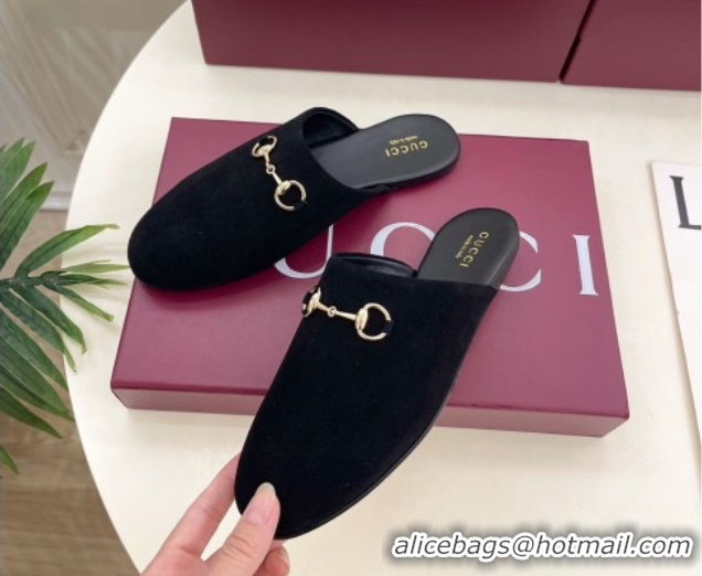 Top Quality Gucci Suede Flat Mules with Horsebit Black 1020039