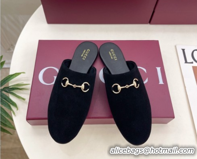 Top Quality Gucci Suede Flat Mules with Horsebit Black 1020039